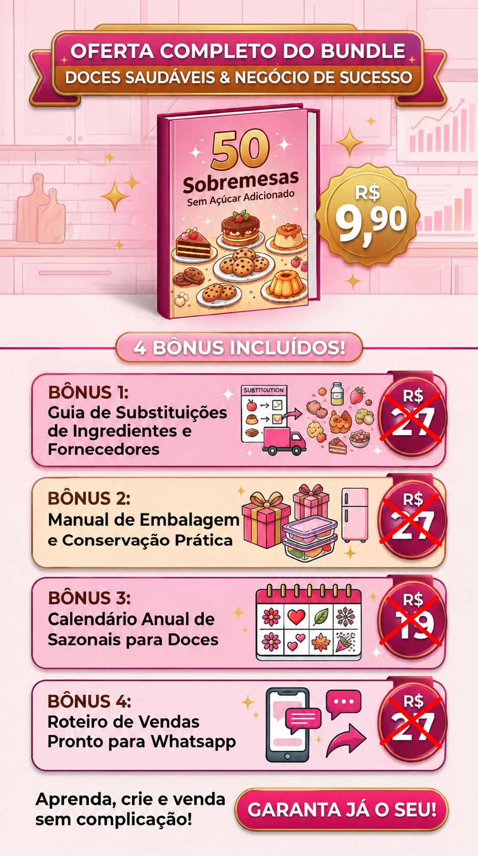 Oferta completa do bundle: e-book 50 Sobremesas Sem Açúcar Adicionado mais 4 bônus por apenas R$ 9,90