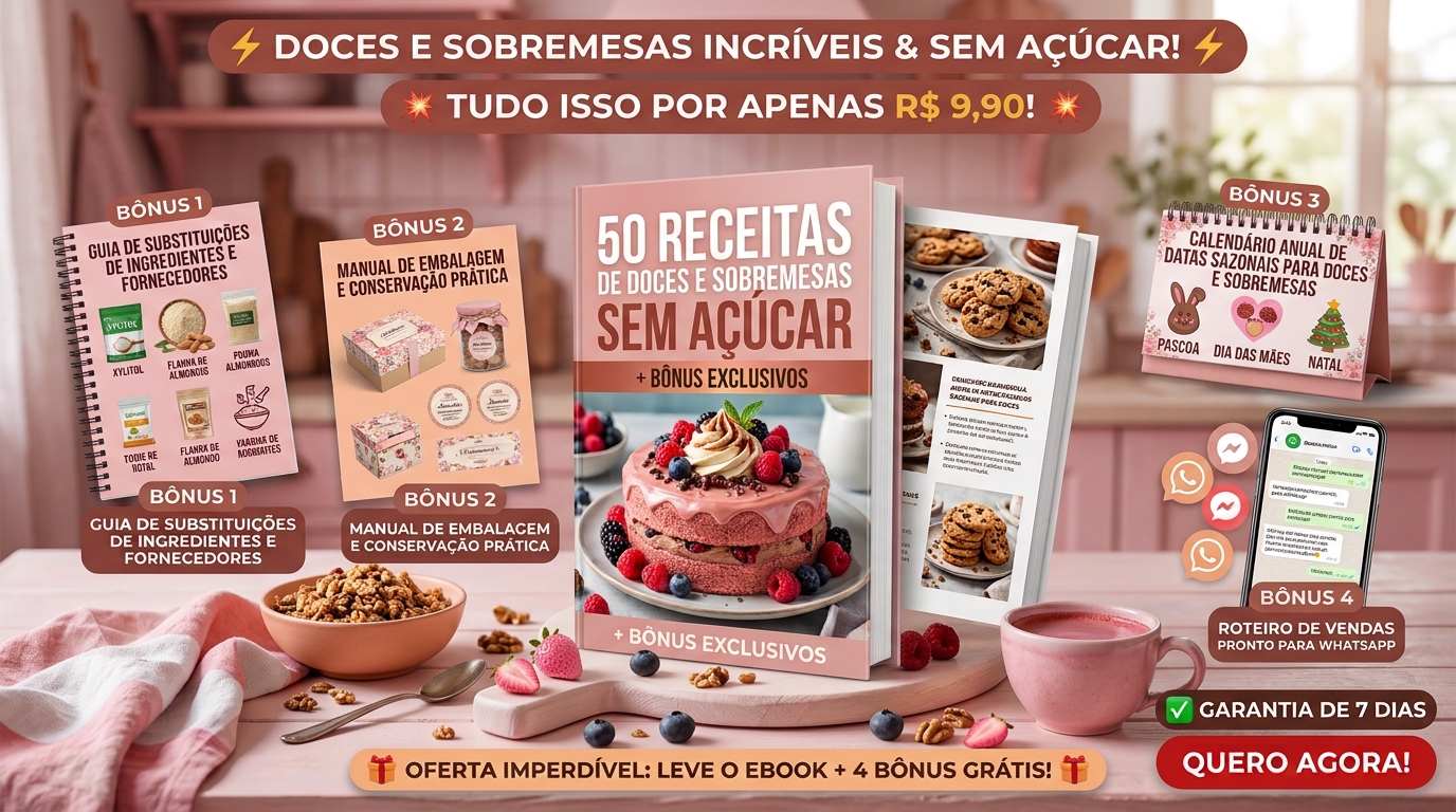 E-book 50 Receitas de Doces e Sobremesas Sem Açúcar com 4 bônus exclusivos